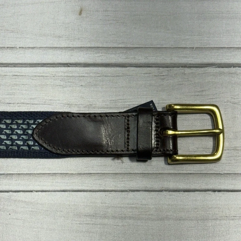 Vineyard Vines Belt Mens 34‎ Blue Whale AOP Logo Leather Brass Buckle USA